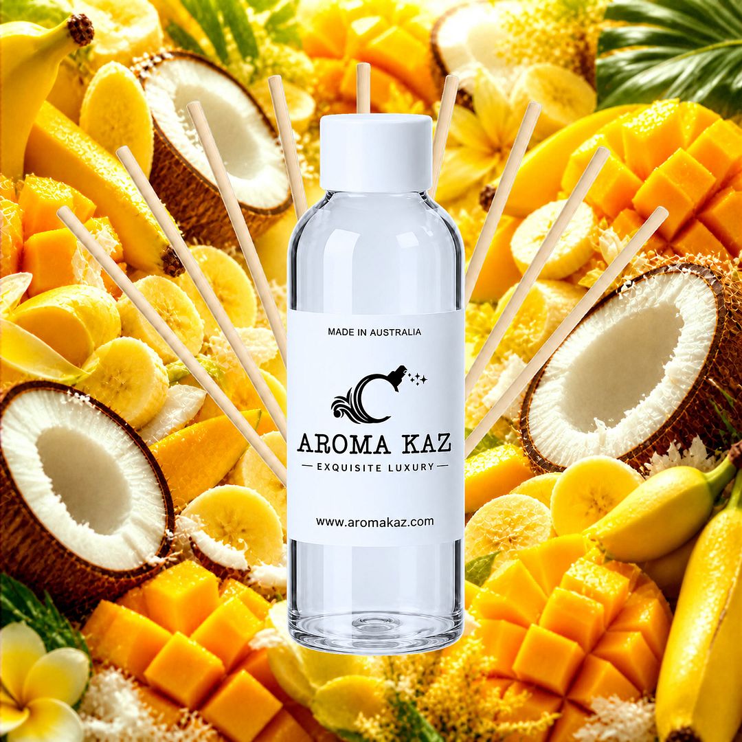 Banana Coconut & Mango Diffuser Fragrance Oil Refill – vegan, cruelty-free featuring tropical banana, coconut and mango fragrance, handmade in Australia.