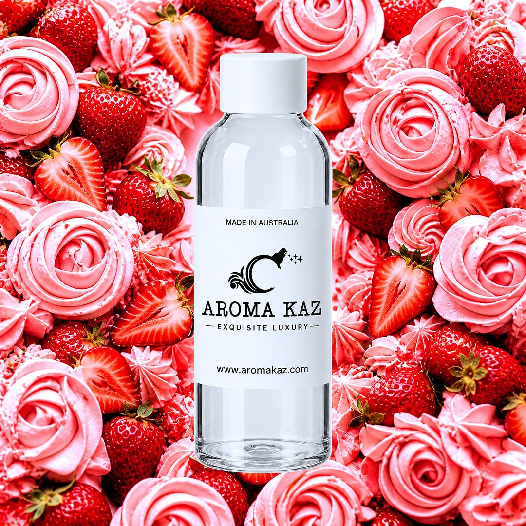 Strawberry Buttercream fragrance oil for candle making, soap making and perfume blending – vegan, cruelty-free featuring juicy strawberry frosting and creamy buttercream aroma, handmade in Australia.