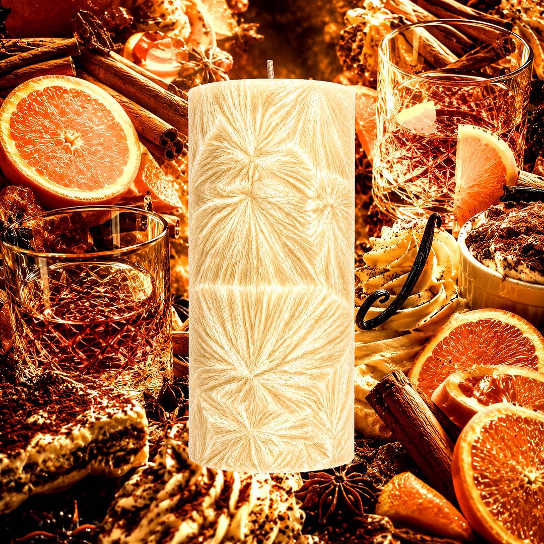 Orange Whisky & Cocoa plant based Pillar Candle – vegan, cruelty-free featuring rich cocoa, warm whisky, and bright orange zest, handmade in Australia.