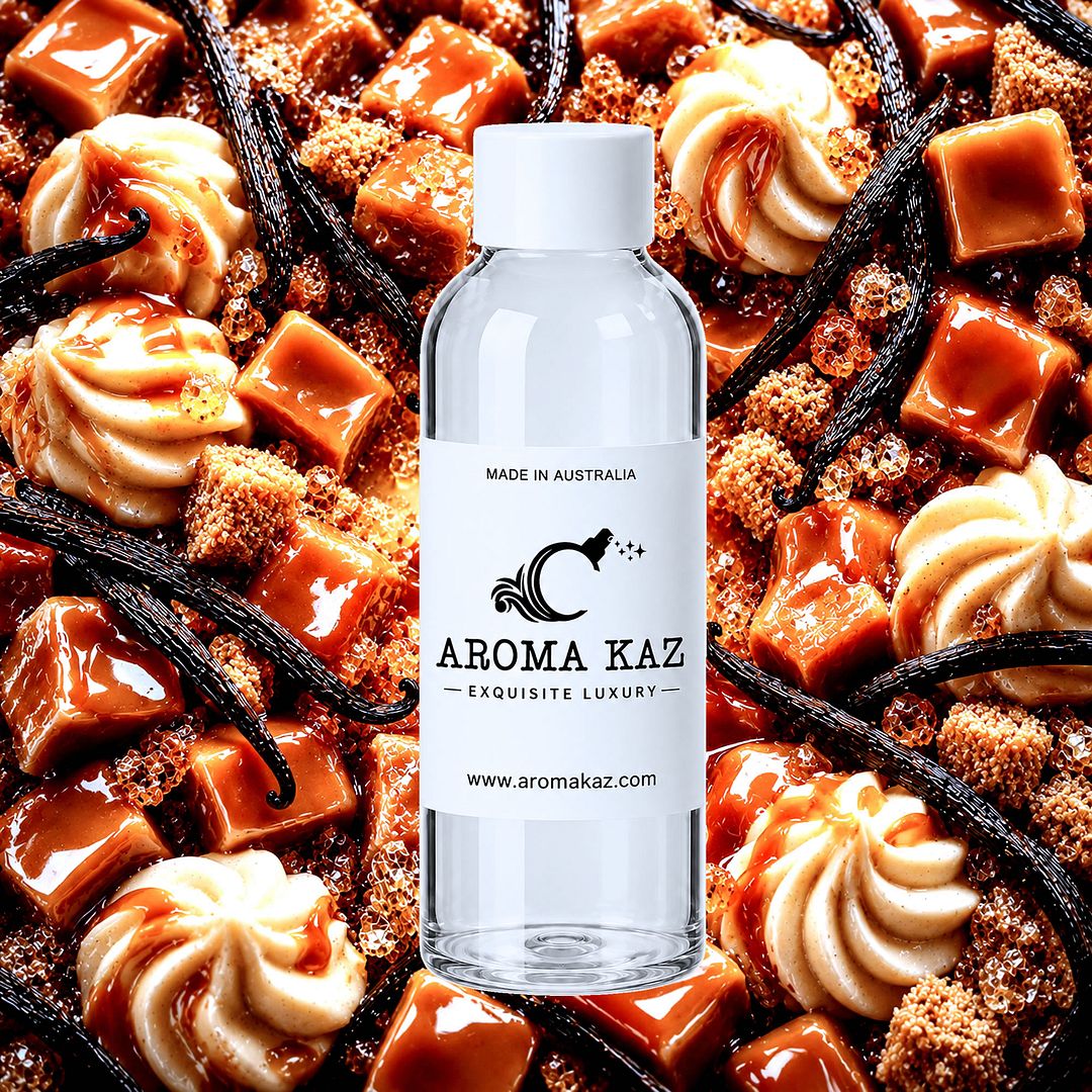Brown Sugar Vanilla Caramel fragrance oil for candle making, soap making and perfume blending – vegan, cruelty-free featuring rich caramel, brown sugar and vanilla dessert aroma, handmade in Australia.