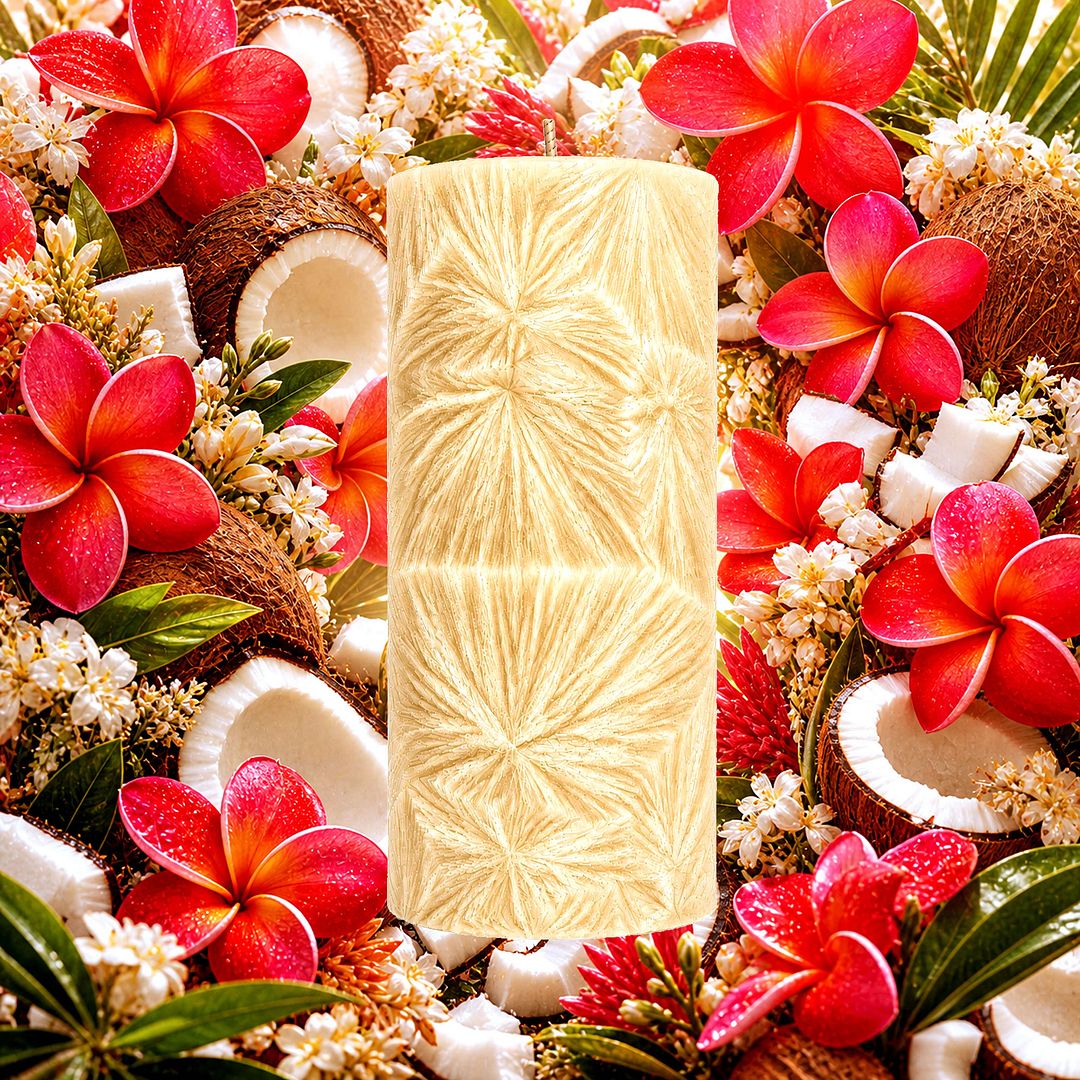 Coconut Frangipani plant based Pillar Candle – vegan, cruelty-free featuring tropical coconut and frangipani floral blend, handmade in Australia.