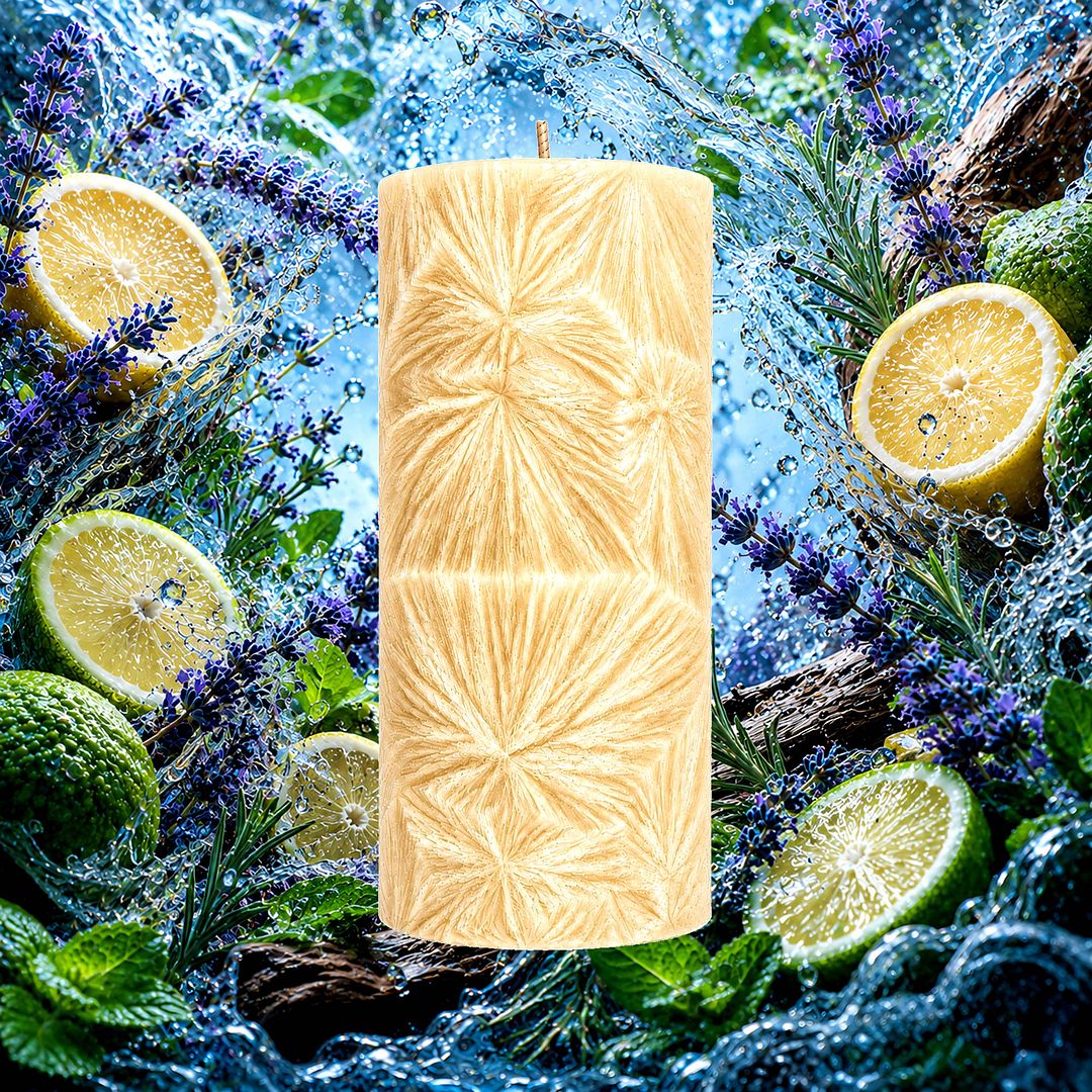 Cold Water Passion For Men plant based Pillar Candle – vegan, cruelty-free featuring a fresh, cool aquatic masculine aroma, handmade in Australia.