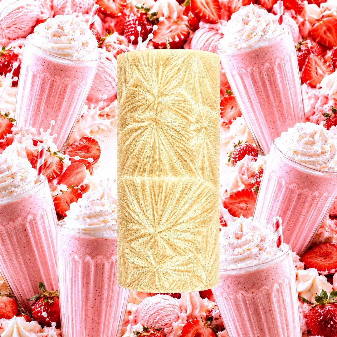 Strawberry Milkshake plant based Pillar Candle – vegan, cruelty-free featuring creamy strawberry milkshake sweetness, handmade in Australia.