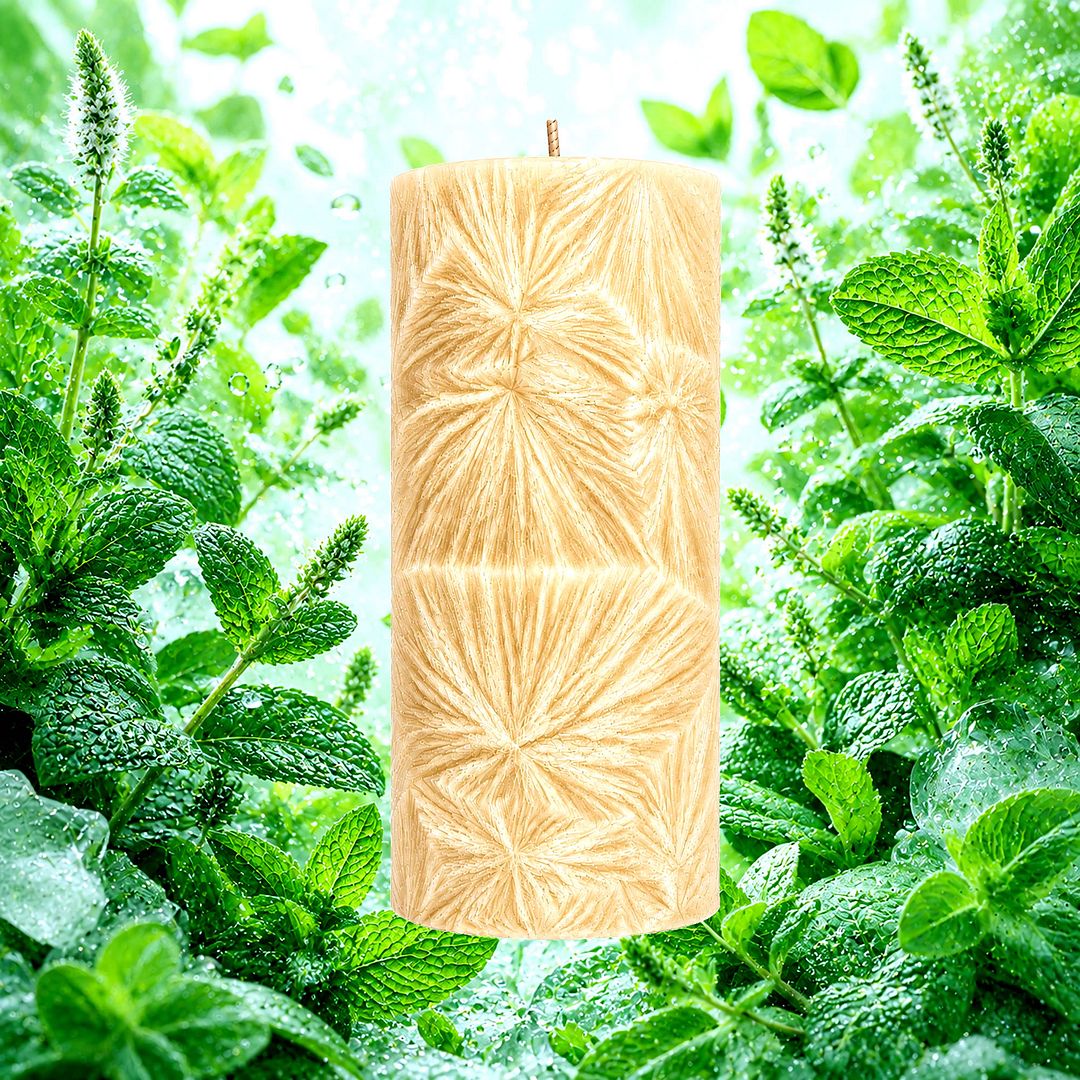 Fresh Peppermint plant based Pillar Candle – vegan, cruelty-free featuring cool refreshing peppermint, handmade in Australia.