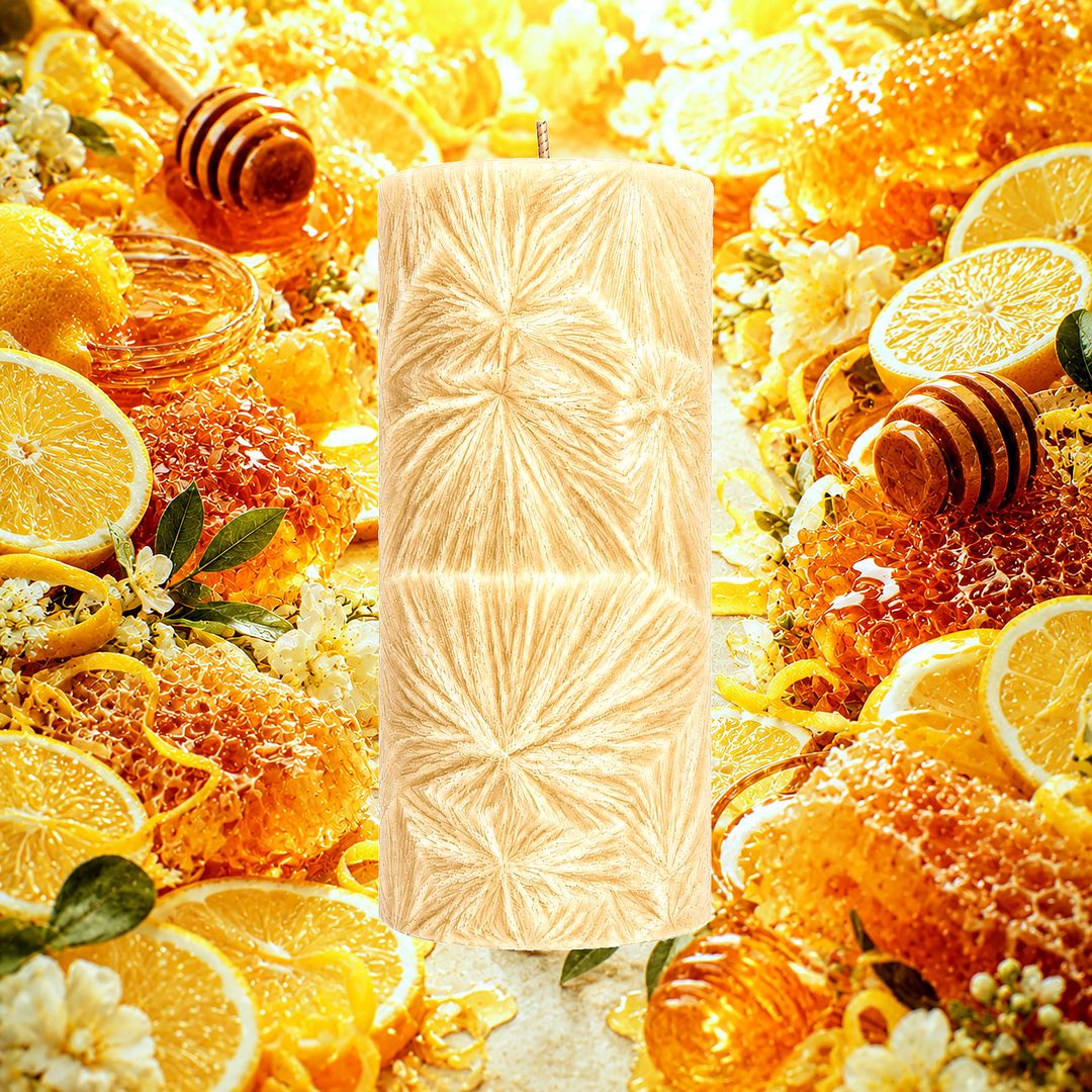 Manuka Honey & Lemon plant based Pillar Candle – vegan, cruelty-free featuring soothing manuka honey and bright lemon zest, handmade in Australia.