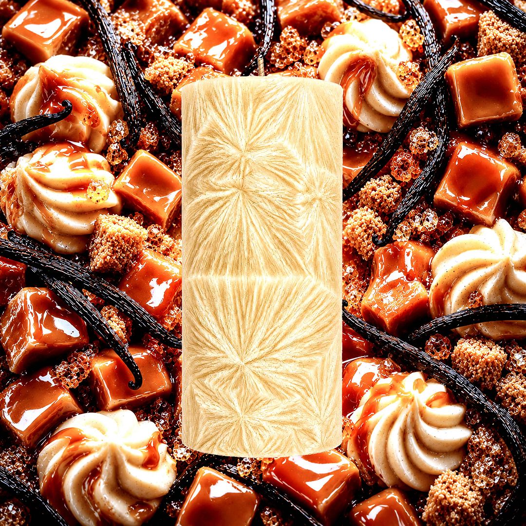 Brown Sugar Vanilla Caramel plant based Pillar Candle – vegan, cruelty-free featuring rich caramel, brown sugar and vanilla dessert aroma, handmade in Australia.