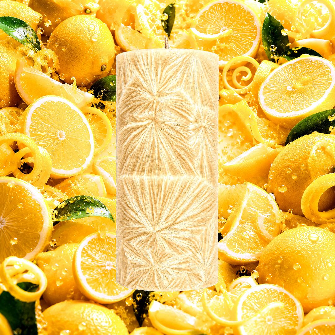 Citrus Lemons plant based Pillar Candle – vegan, cruelty-free featuring bright fresh lemon aroma, handmade in Australia.