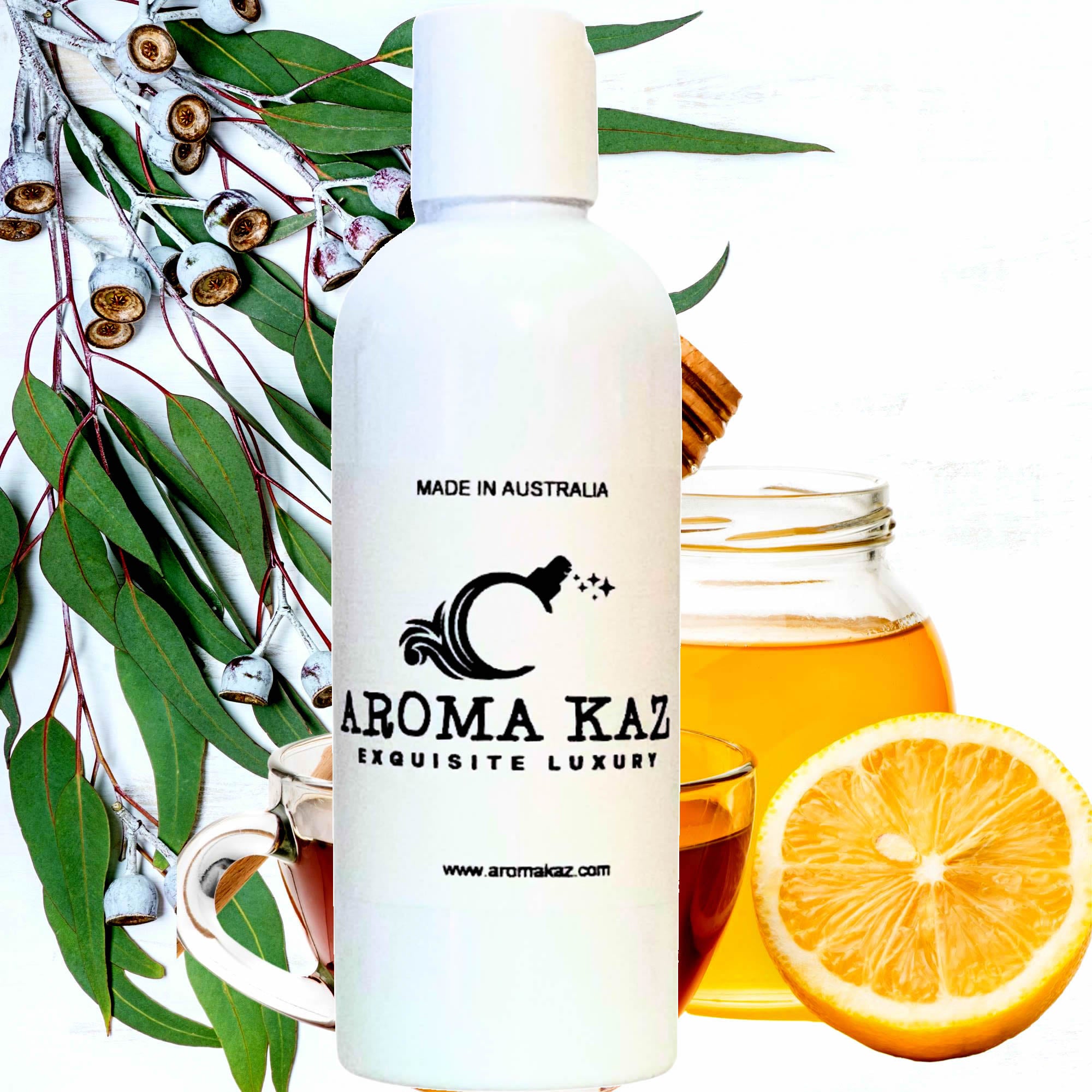 Eucalyptus Lemon Honey Body Massage Oil – vegan, cruelty-free, plant-based hydrating oil with fresh eucalyptus, bright citrus lemon, and warm honey notes, handmade in Australia.