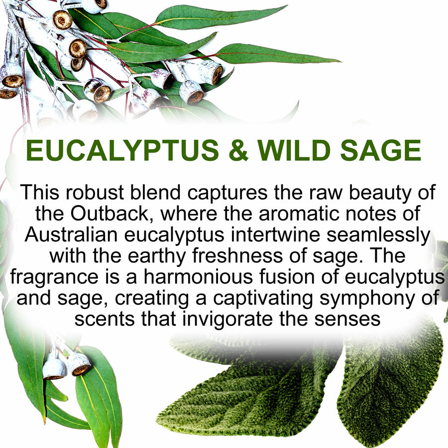 Eucalyptus & Wild Sage eco soy wax melts – vegan, cruelty-free featuring herbal sage and fresh eucalyptus, handmade in Australia.