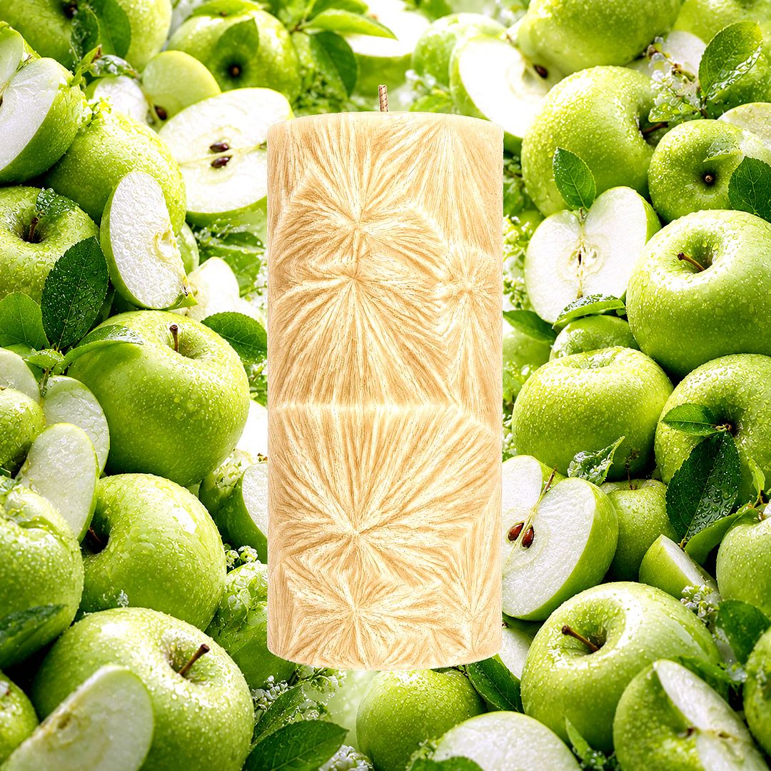 Green Apples plant based Pillar Candle – vegan, cruelty-free featuring crisp tart green apple notes, handmade in Australia.