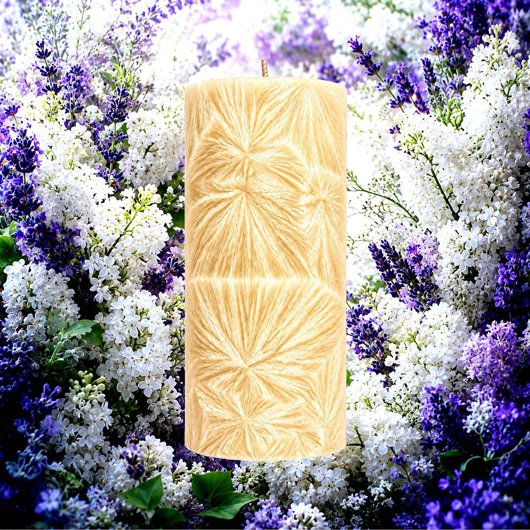 White Lilac & Lavender plant based Pillar Candle – vegan, cruelty-free featuring fresh lilac blooms and floral lavender, handmade in Australia.