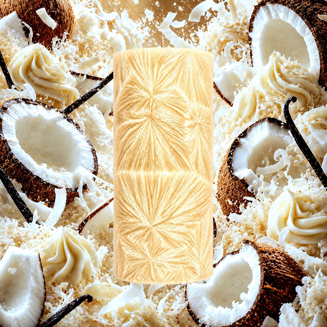 Vanilla Coconut plant based Pillar Candle – vegan, cruelty-free featuring creamy vanilla and tropical coconut, handmade in Australia.