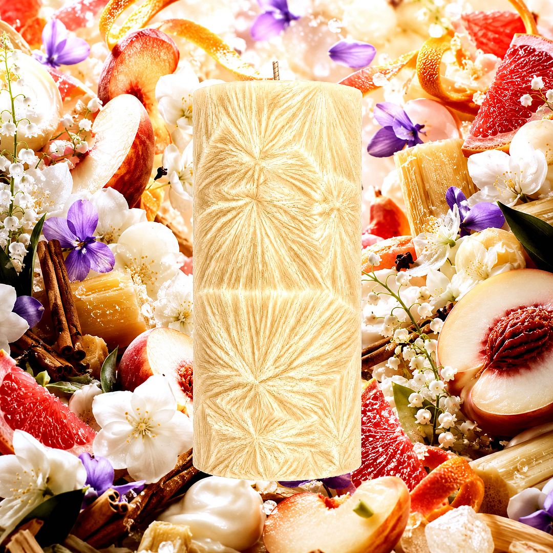 White Floral Nectarines plant based Pillar Candle – vegan, cruelty-free featuring soft white florals and ripe nectarine sweetness, handmade in Australia.