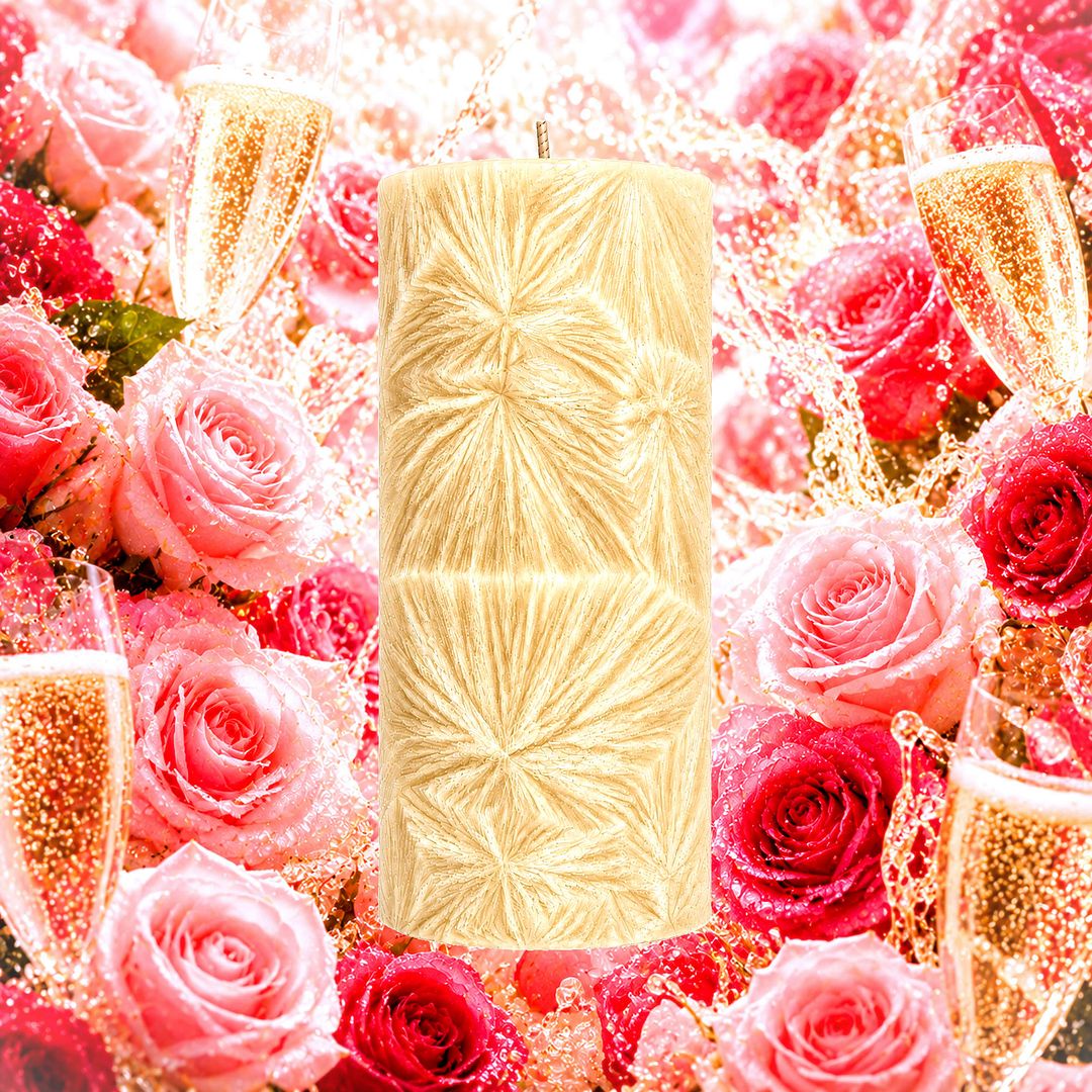 Champagne Roses plant based Pillar Candle – vegan, cruelty-free featuring sparkling rose floral aroma, handmade in Australia.