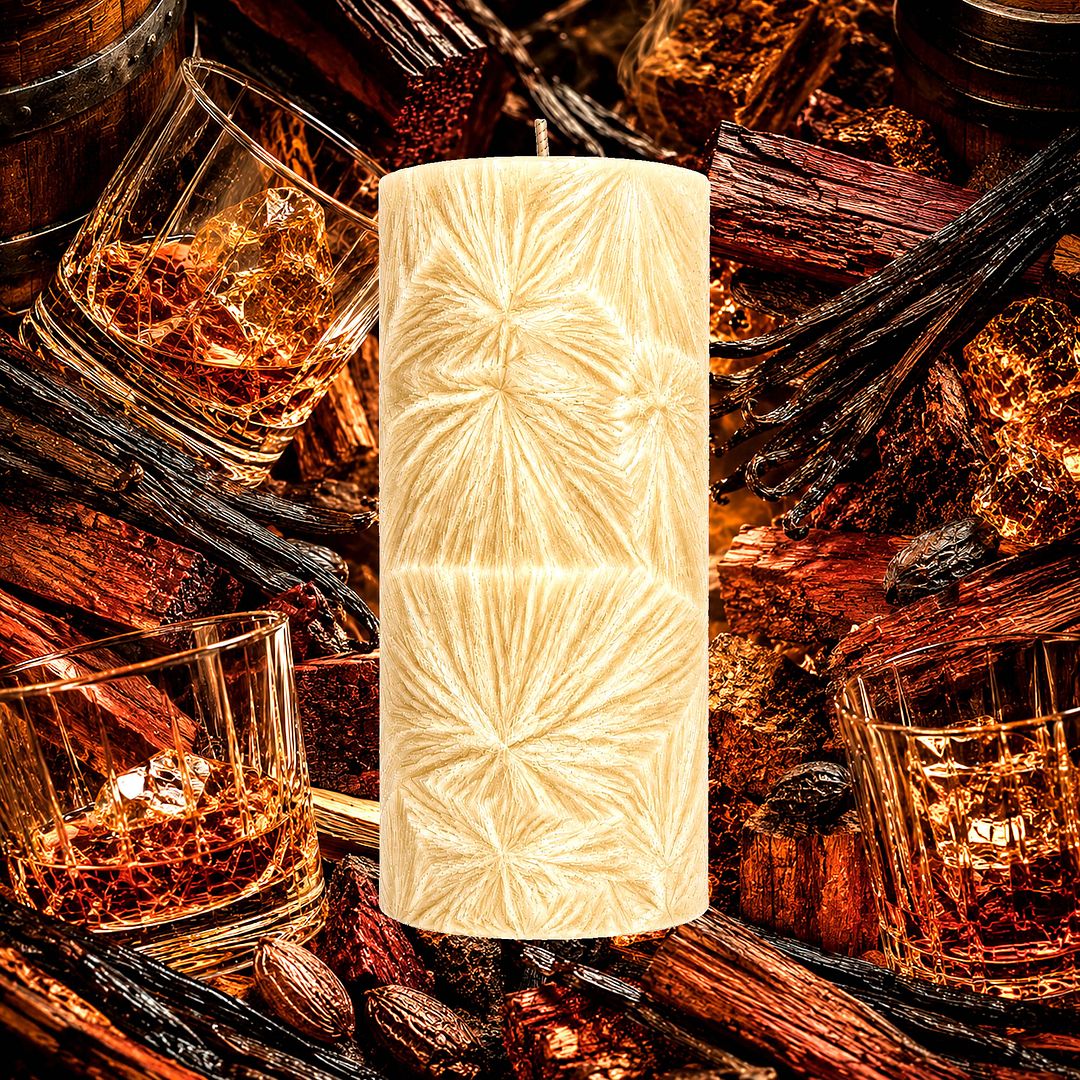 French Vanilla Bourbon plant based Pillar Candle – vegan, cruelty-free featuring bourbon and creamy vanilla richness, handmade in Australia.