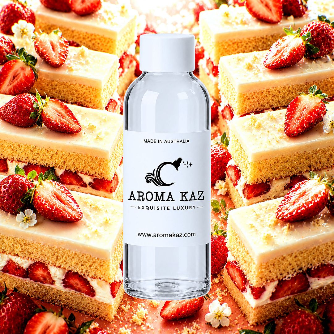 Strawberry Shortcake fragrance oil for candle making, soap making and perfume blending – vegan, cruelty-free featuring sweet strawberry shortcake and creamy vanilla, handmade in Australia.