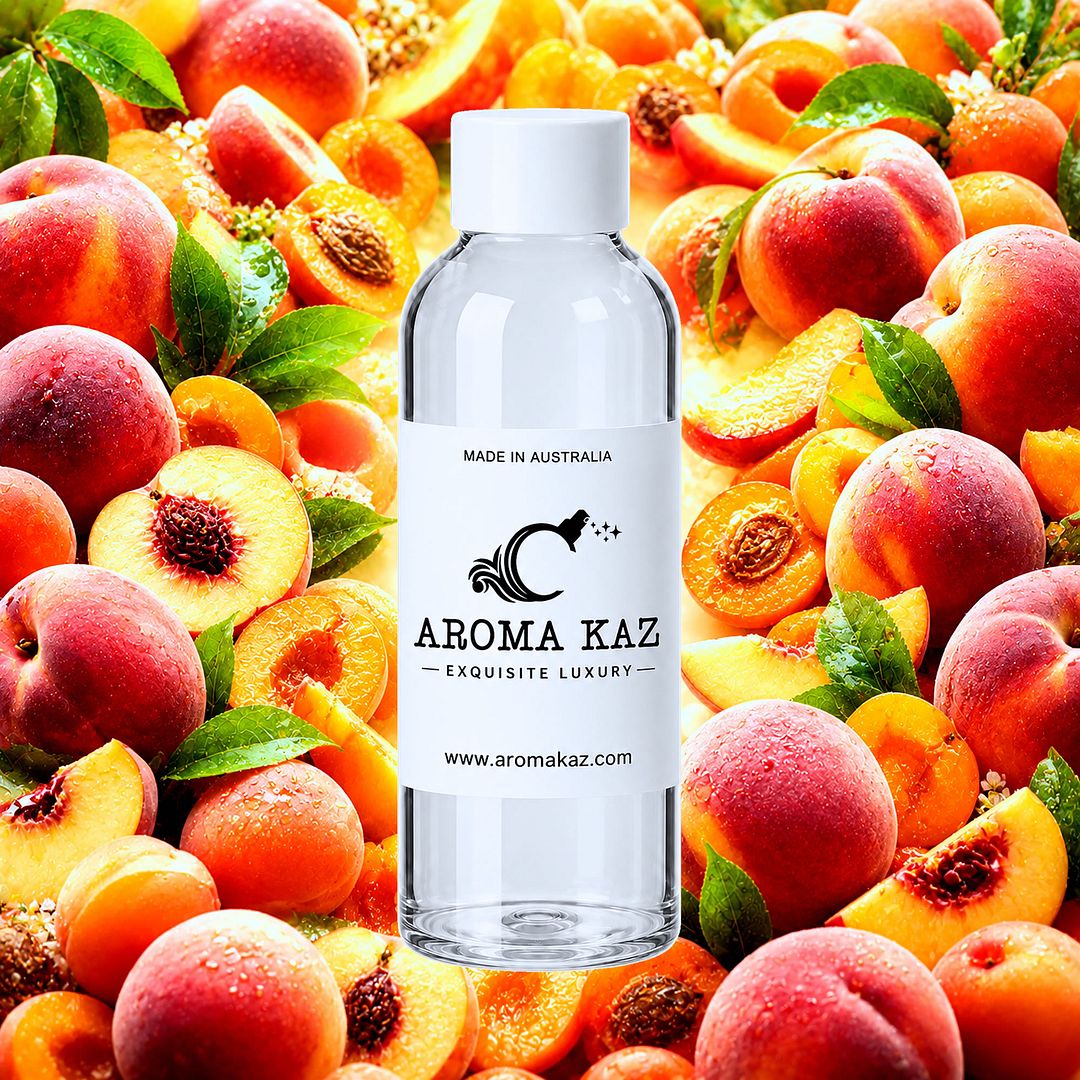 Juicy Peaches fragrance oil for candle making, soap making and perfume blending – vegan, cruelty-free featuring ripe juicy peach sweetness, handmade in Australia.