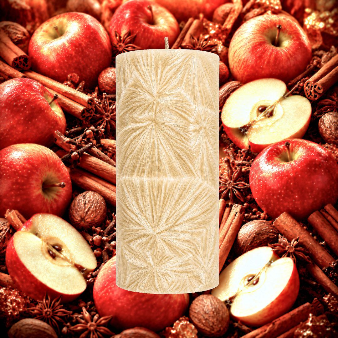Apple Spice & Cinnamon plant based Pillar Candle – vegan, cruelty-free featuring warm spiced apple aroma, handmade in Australia.