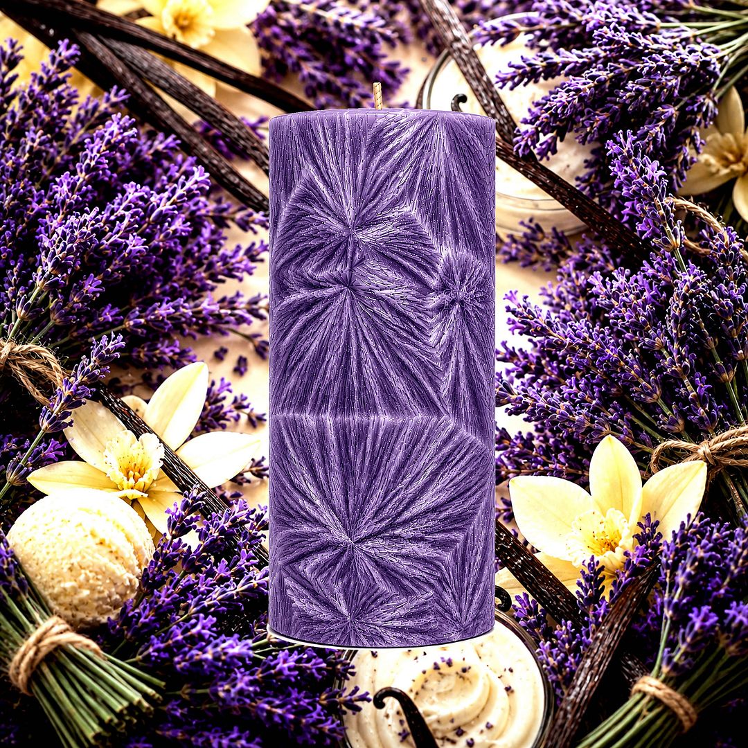 Lavender & Vanilla plant based Pillar Candle – vegan, cruelty-free featuring floral fresh lavender and creamy vanilla, handmade in Australia.