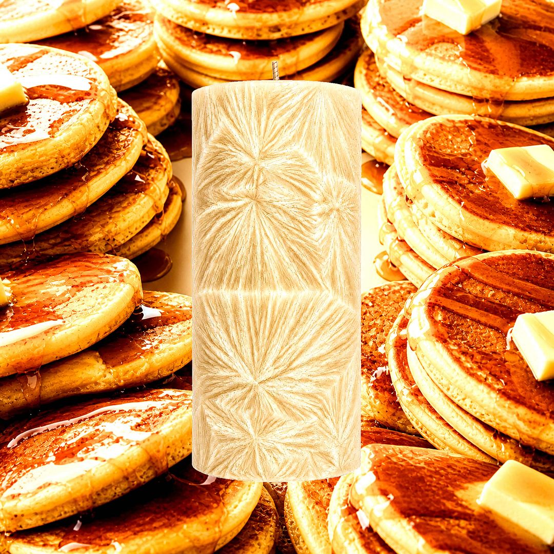 Pancakes & Maple Syrup plant based Pillar Candle – vegan, cruelty-free featuring fluffy pancake sweetness and rich maple syrup, handmade in Australia.