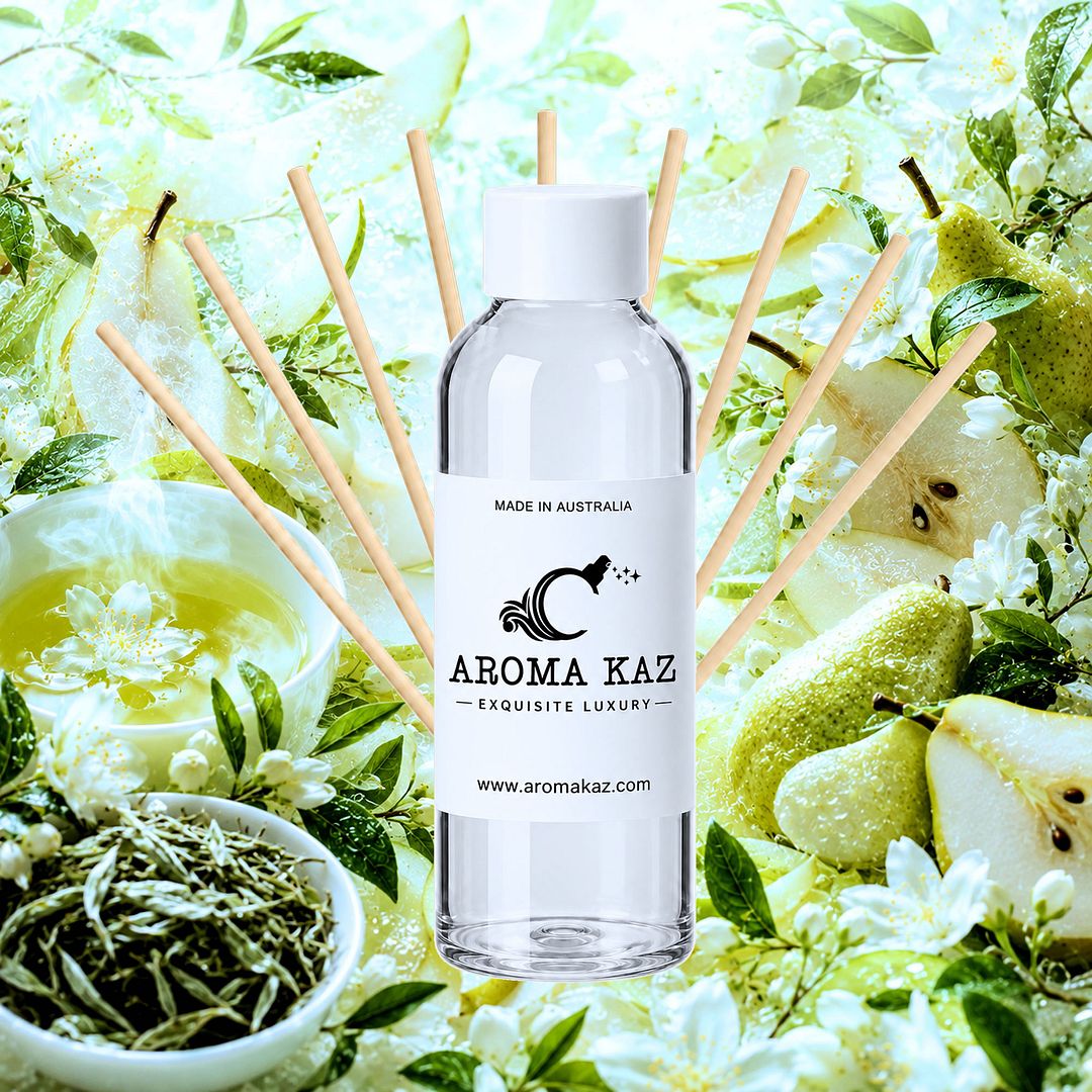 White Tea & French Pears Diffuser Fragrance Oil Refill – vegan, cruelty-free featuring fruity fresh pears and sweetened white tea, handmade in Australia.