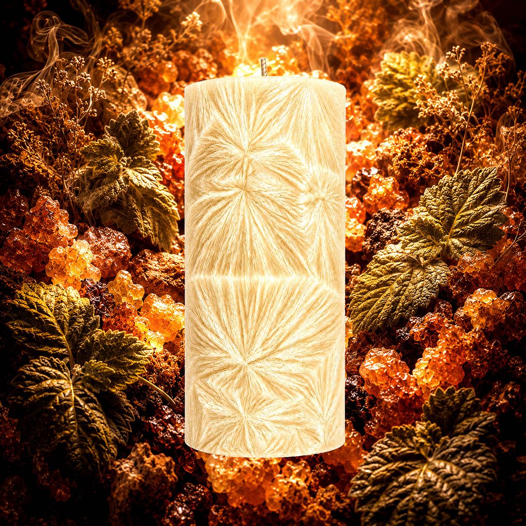 Frankincense Patchouli plant based Pillar Candle – vegan, cruelty-free featuring earthy patchouli and mystical frankincense, handmade in Australia.