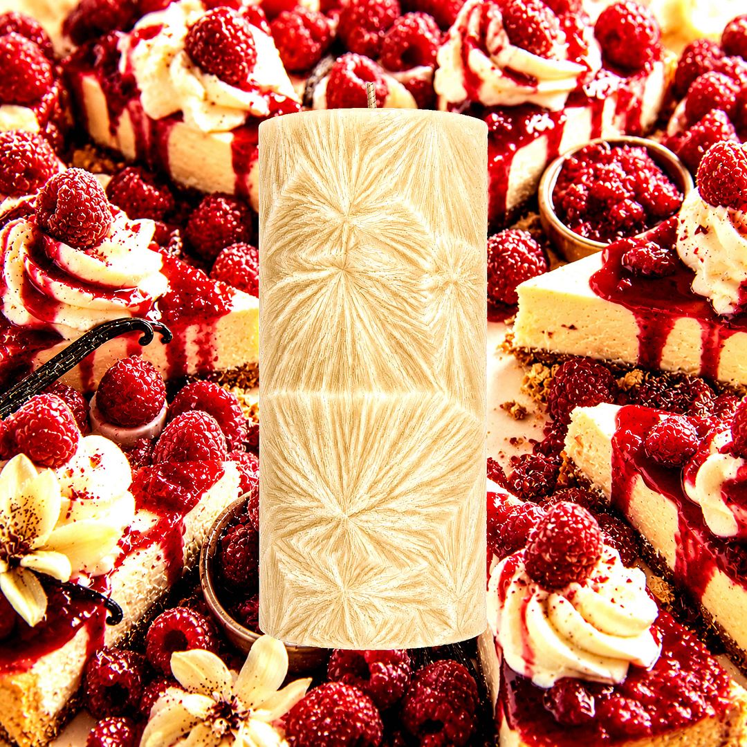 Raspberry Cheesecake plant based Pillar Candle – vegan, cruelty-free featuring creamy raspberry cheesecake dessert aroma, handmade in Australia.