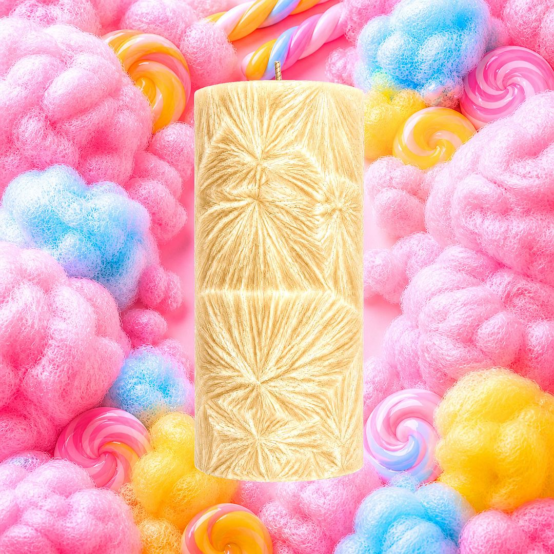 Fairy Floss plant based Pillar Candle – vegan, cruelty-free featuring sugary cotton candy sweetness, handmade in Australia.
