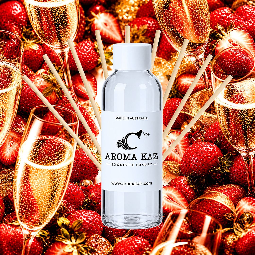 Strawberry Champagne Diffuser Fragrance Oil Refill – vegan, cruelty-free featuring sparkling champagne and sweet strawberries, handmade in Australia.