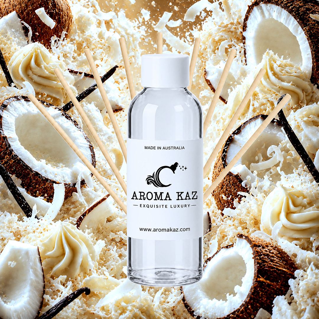 Vanilla Coconut Diffuser Fragrance Oil Refill – vegan, cruelty-free featuring creamy vanilla and tropical coconut, handmade in Australia.