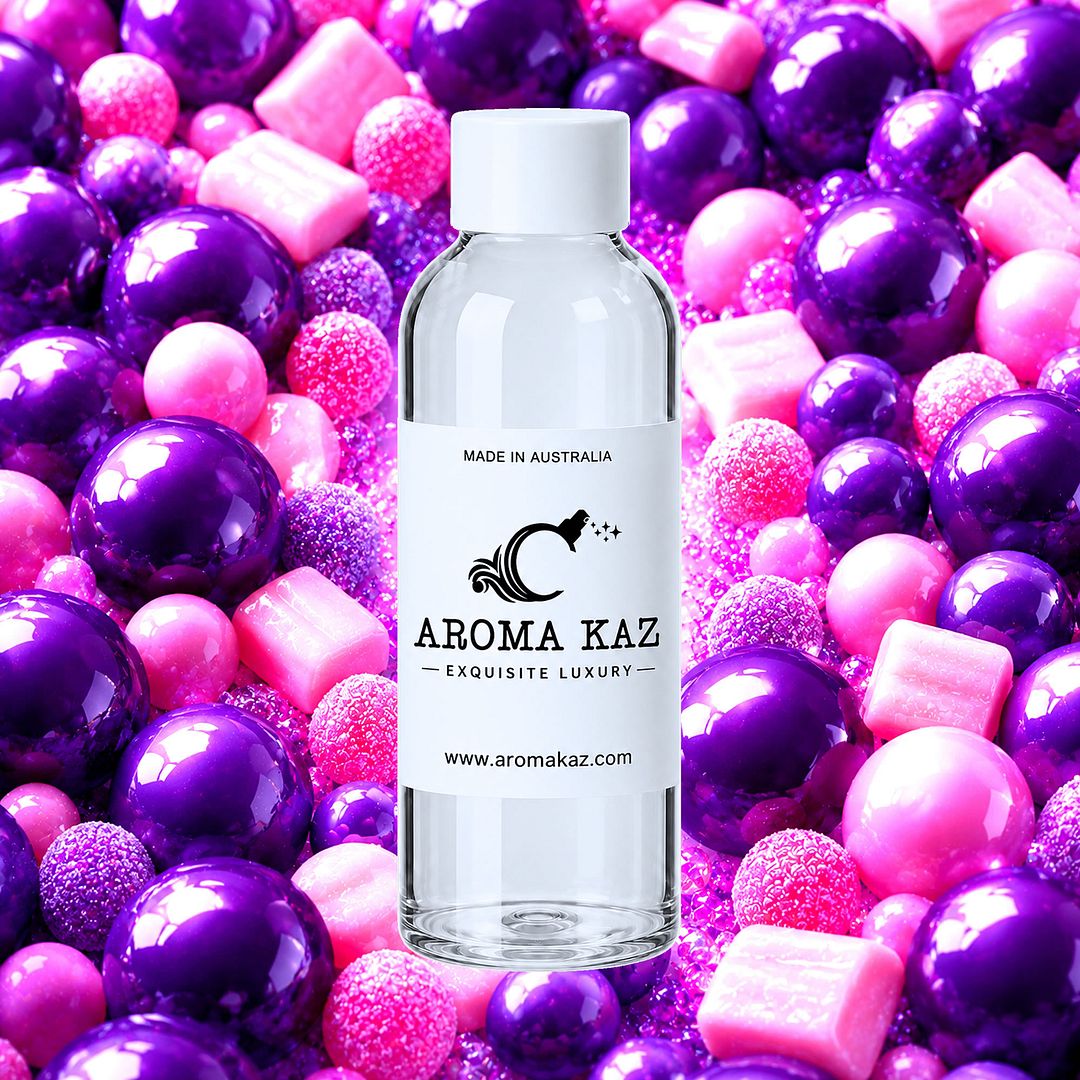 Grape Bubblegum fragrance oil for candle making, soap making and perfume blending – vegan, cruelty-free featuring sweet grape candy bubblegum aroma, handmade in Australia.