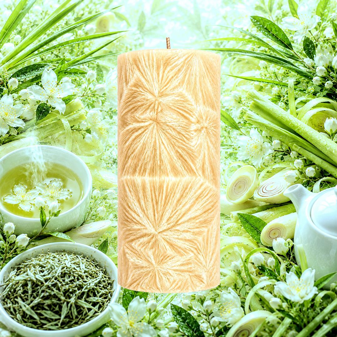 White Tea & Lemongrass plant based Pillar Candle – vegan, cruelty-free featuring zesty citrus lemongrass and sweetened white tea, handmade in Australia.