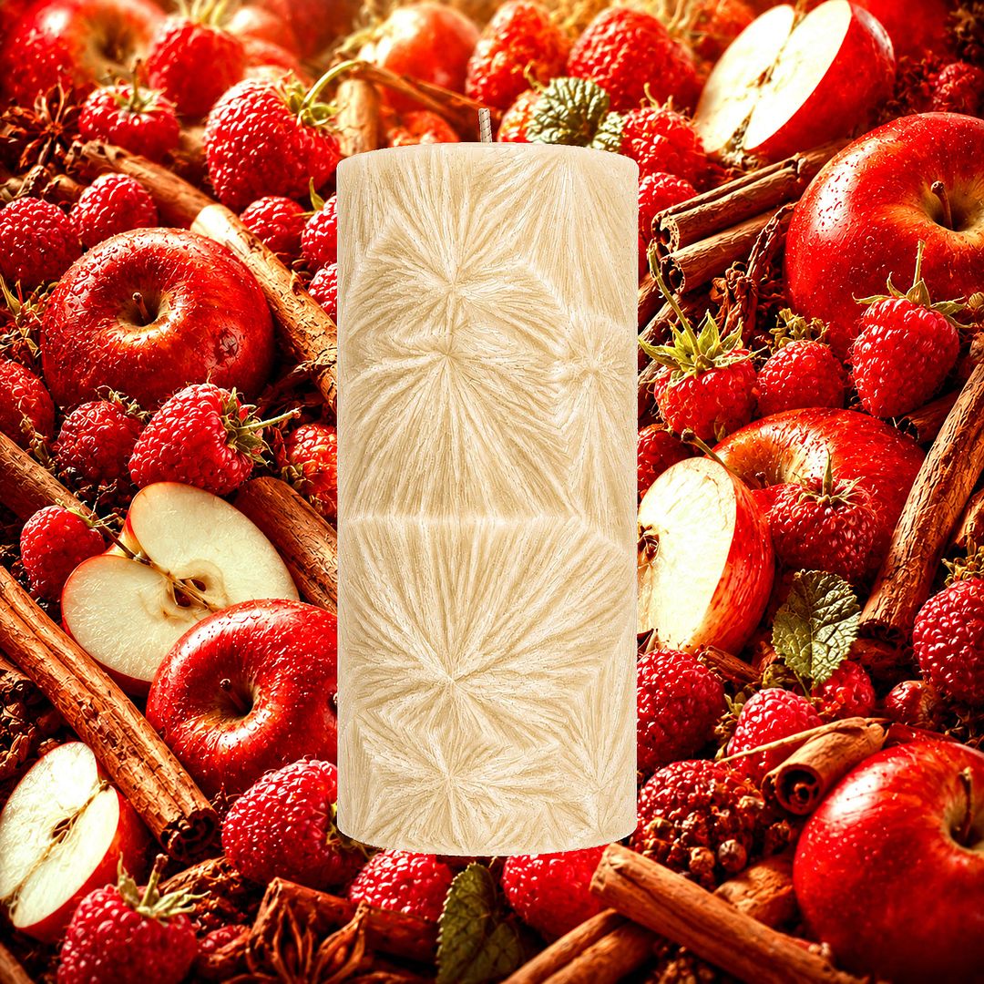 Apple Cinnamon Raspberry plant based Pillar Candle – vegan, cruelty-free featuring fruit-spice blend with sweet apple, raspberry and cinnamon, handmade in Australia.