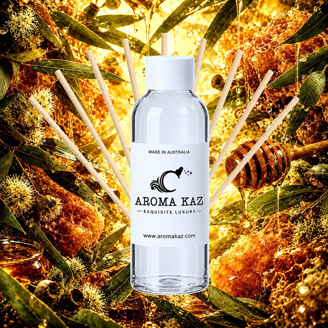 Eucalyptus & Honey Diffuser Fragrance Oil Refill – vegan, cruelty-free featuring soothing eucalyptus and warm natural honey, handmade in Australia.
