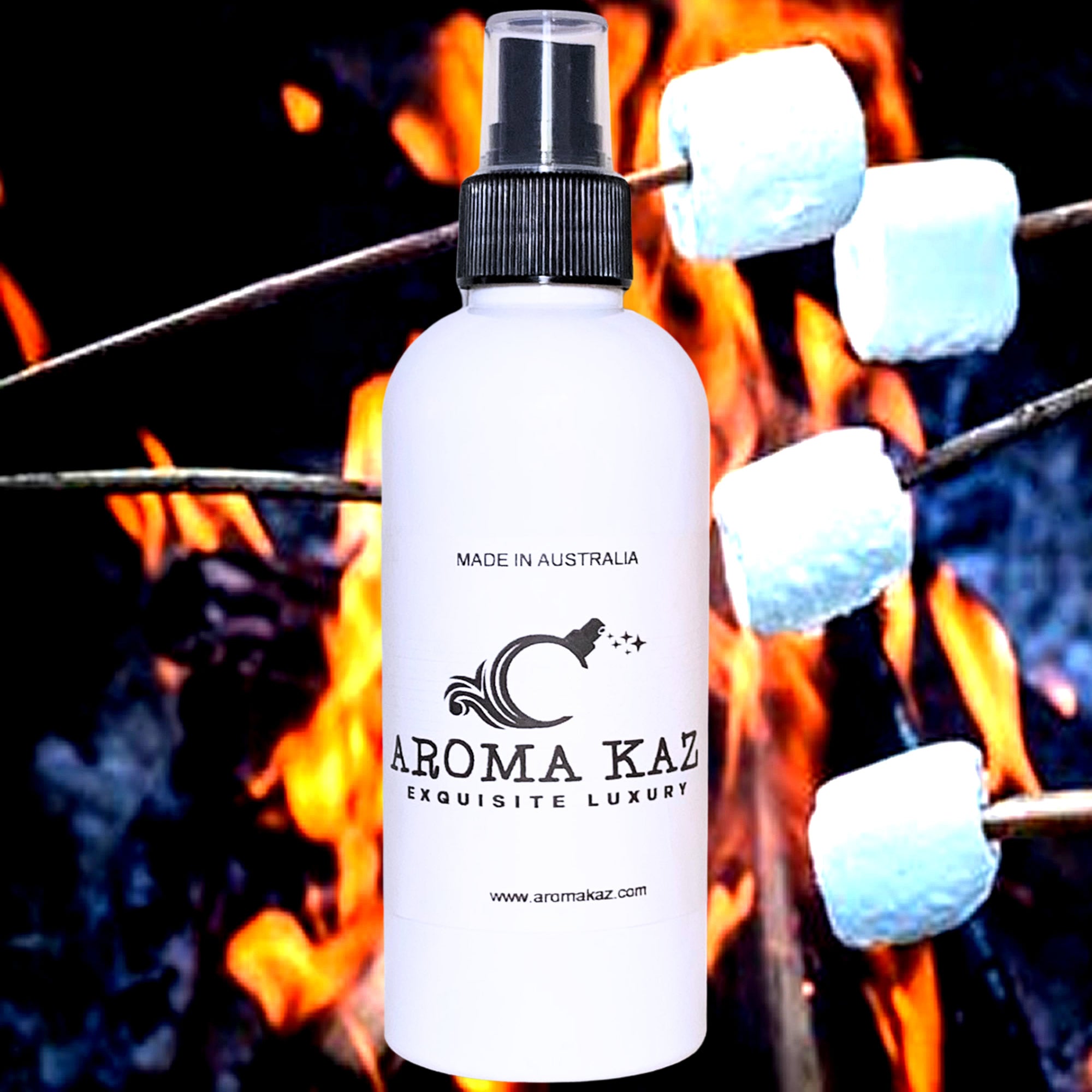 Firewood & Marshmallows Body Spray Mist – vegan, cruelty-free body spray featuring smoky firewood and toasted marshmallow aroma, handmade in Australia.