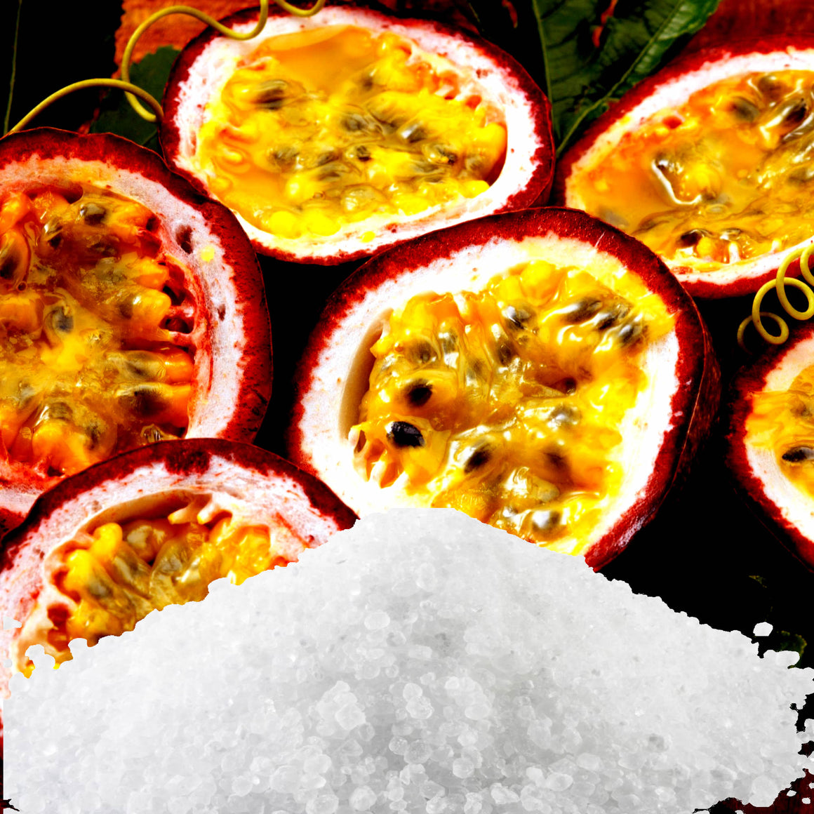 Fresh Passion Fruit Vegan bath salts and bath soak crystals, cruelty-free and made in Australia. Highly scented, suitable for women and men. Perfect relaxation gift for him or her.