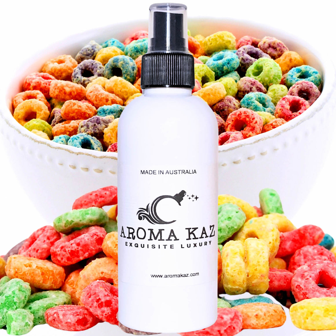 Fruity Rings Cereal Body Spray Mist – vegan, cruelty-free body spray featuring sweet fruity cereal aroma, handmade in Australia.