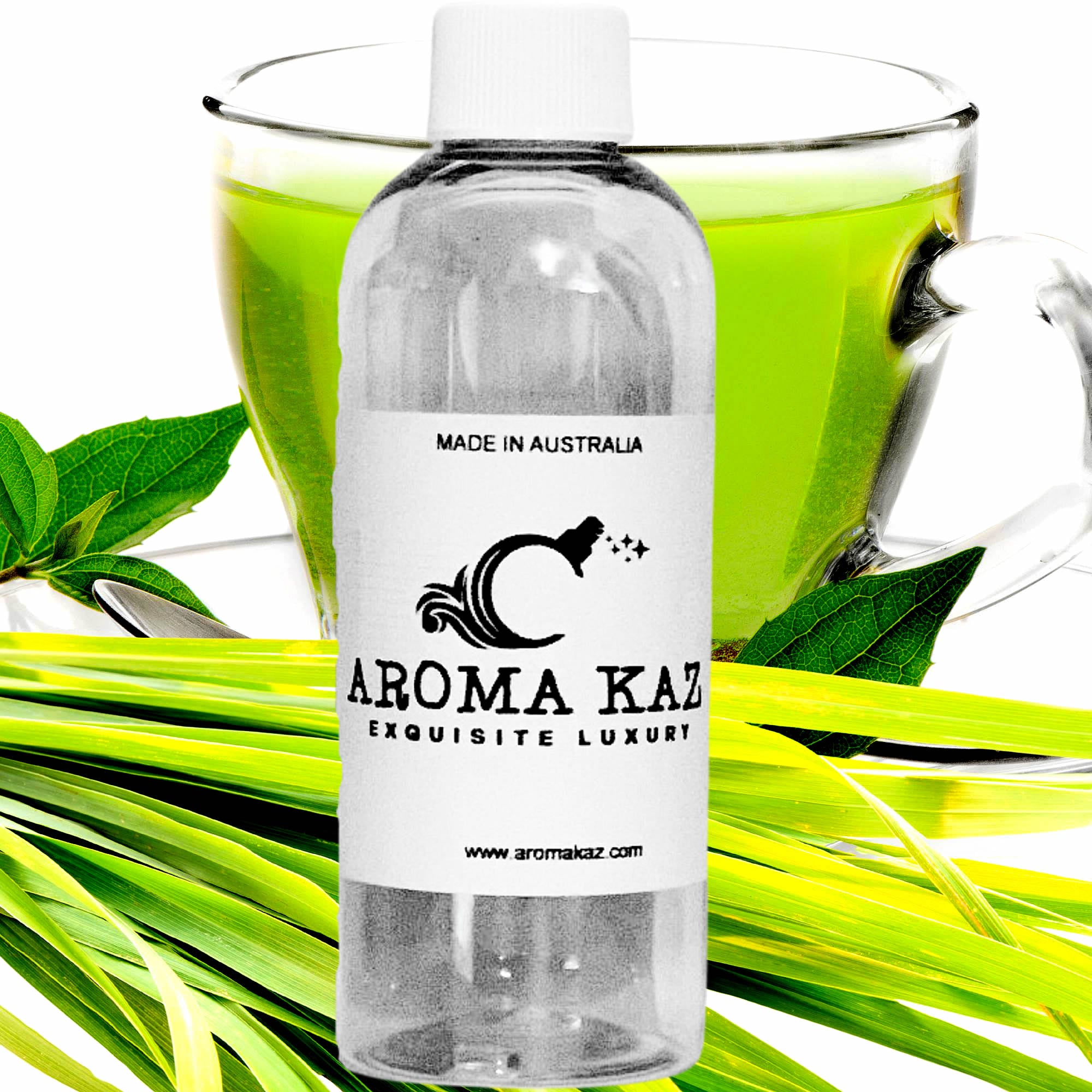 Green Tea & Lemongrass fragrance oil for candle making, soap making and perfume blending – vegan, cruelty-free featuring zesty citrus lemongrass and herbal green tea, handmade in Australia.