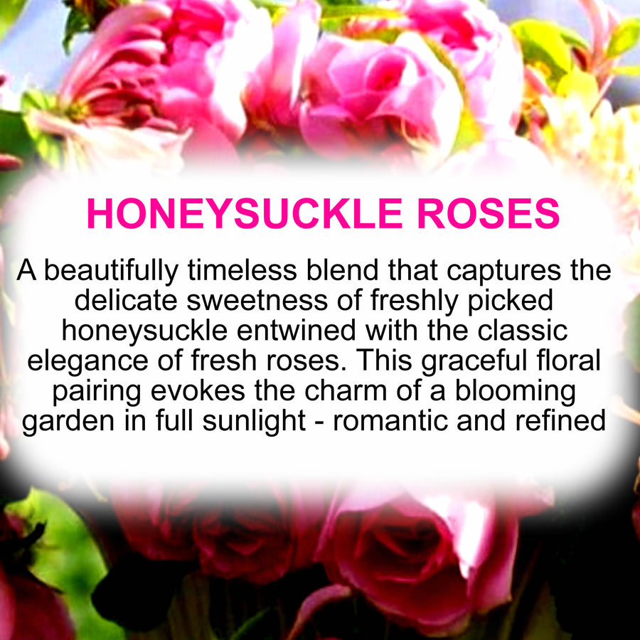 Honeysuckle Roses fragrance oil for candle making, soap making and perfume blending – vegan, cruelty-free featuring romantic rose and sweet honeysuckle blossoms, handmade in Australia.