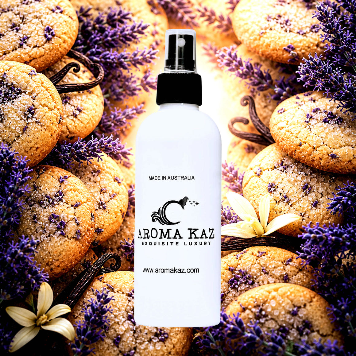 Lavender Cookies Room Linen Car Air Freshener Spray Deodoriser eco-friendly vegan, cruelty-free body fragrance featuring sweet vanilla cookies and a floral lavender aroma, made in Australia.