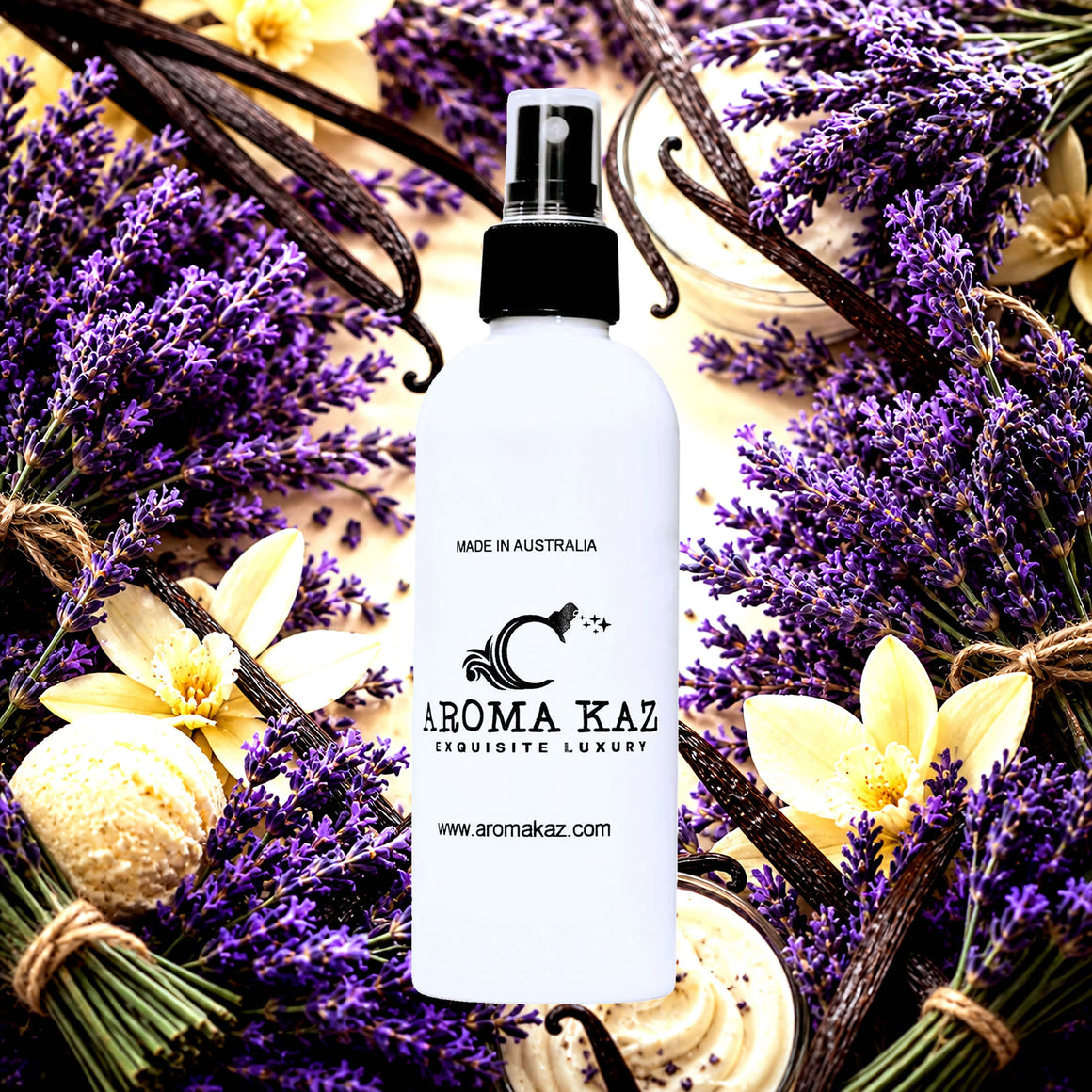 Lavender & Vanilla Room Linen Car Air Freshener Spray Deodoriser eco-friendly vegan, cruelty-free body fragrance featuring floral fresh lavender and creamy vanilla, made in Australia.