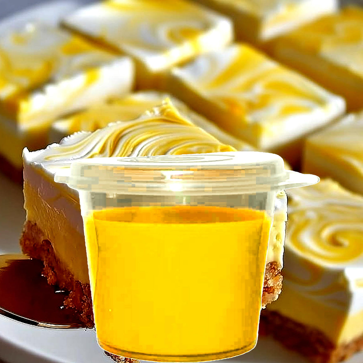 Lemon Cheesecake eco soy wax melts – vegan, cruelty-free featuring sweet creamy lemon dessert aroma, handmade in Australia.