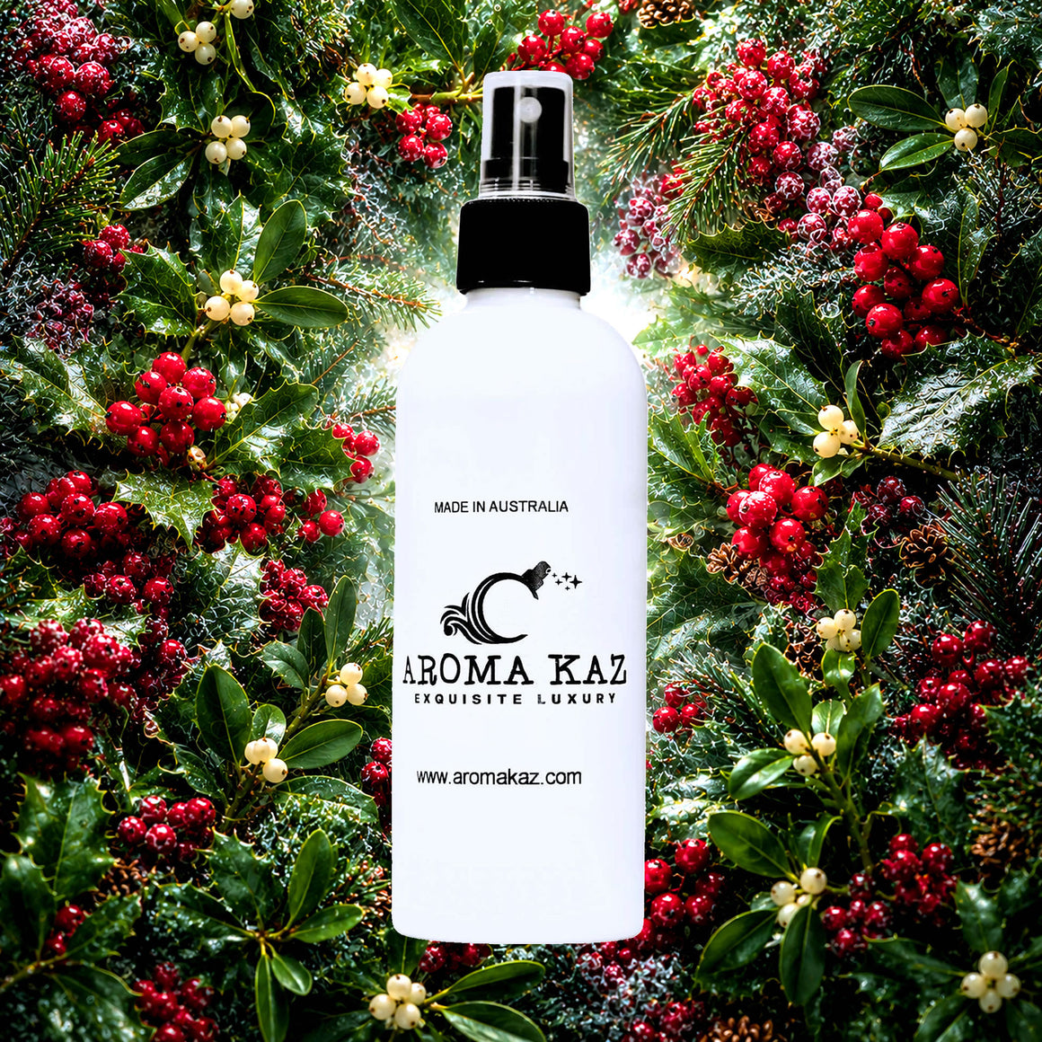 Mistletoe & Holly berry Room Linen Car Air Freshener Spray Deodoriser eco-friendly vegan, cruelty-free body fragrance featuring festive hollyberry and fresh winter greenery, made in Australia.