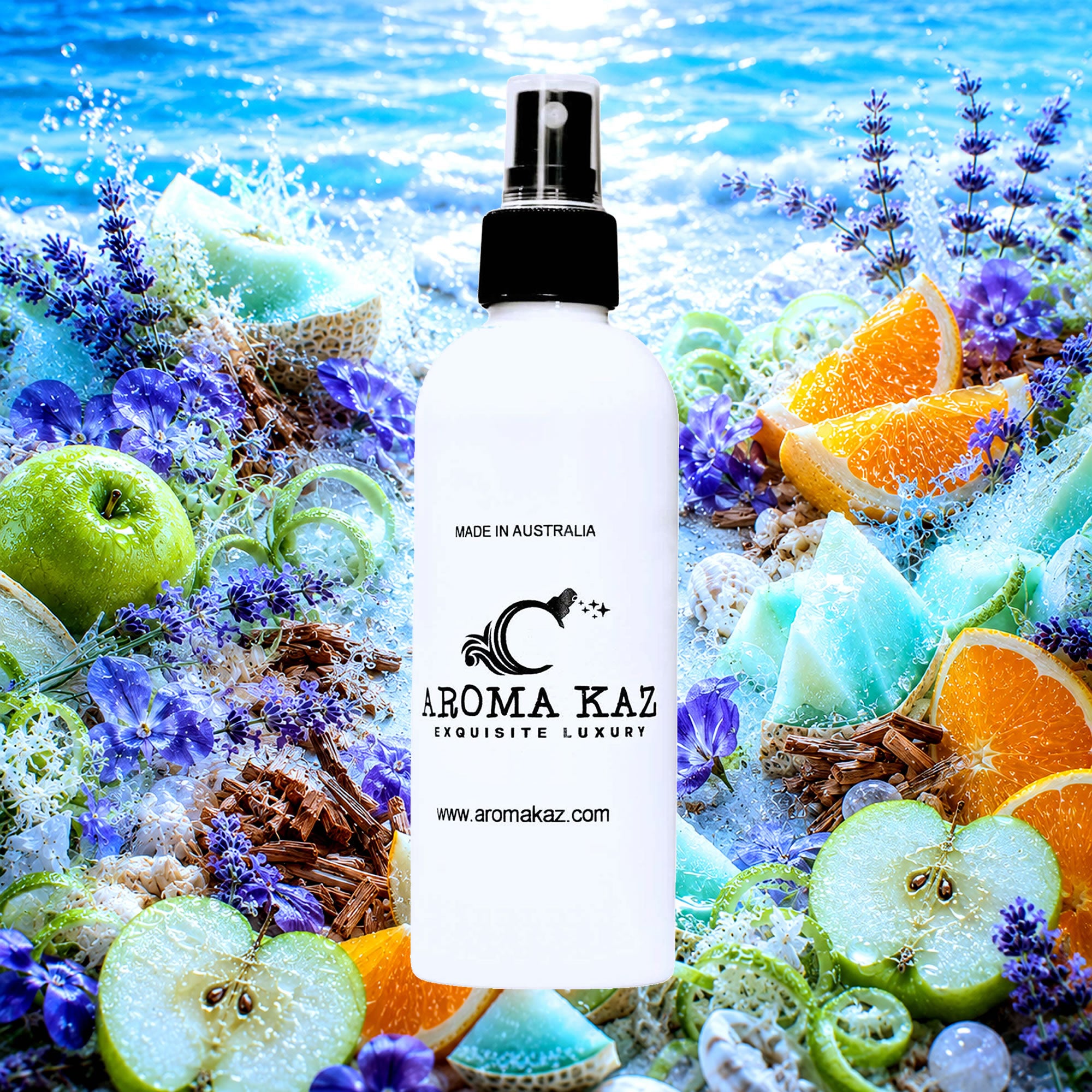 Ocean Whispers Room Linen Car Air Freshener Spray Deodoriser eco-friendly vegan, cruelty-free body fragrance featuring fresh sea breeze and soft aquatic notes, made in Australia.