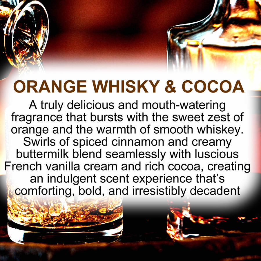 Orange Whisky & Cocoa Body Massage Oil – vegan, cruelty-free, plant-based hydrating oil with rich cocoa, warm whisky, and bright orange zest, handmade in Australia.