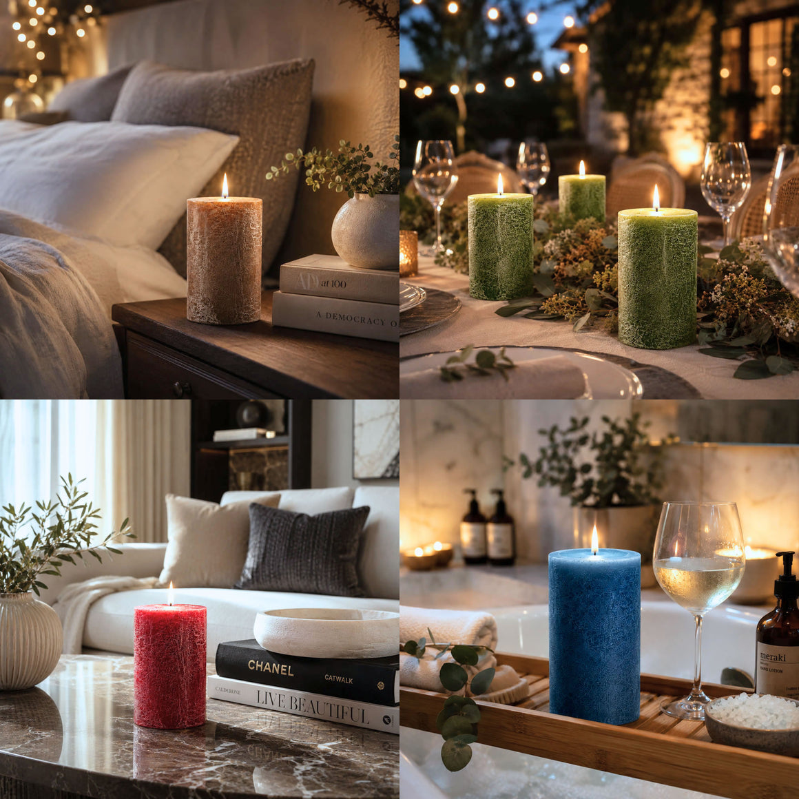 Aroma Kaz handcrafted palm wax pillar candles displayed in elegant bedroom, dining, living room and spa-inspired settings. Australian-made scented pillar candles crafted from natural palm wax with vibrant colours, long burn times and rich fragrance, creating a warm, relaxing atmosphere for homes, special occasions, entertaining and everyday décor.