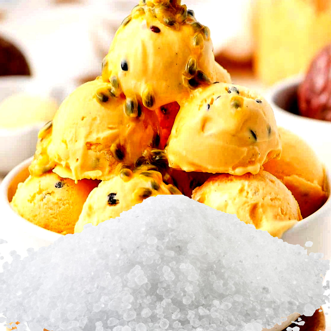 Passion Fruit Ice Cream Vegan bath salts and bath soak crystals, cruelty-free and made in Australia. Highly scented, suitable for women and men. Perfect relaxation gift for him or her.