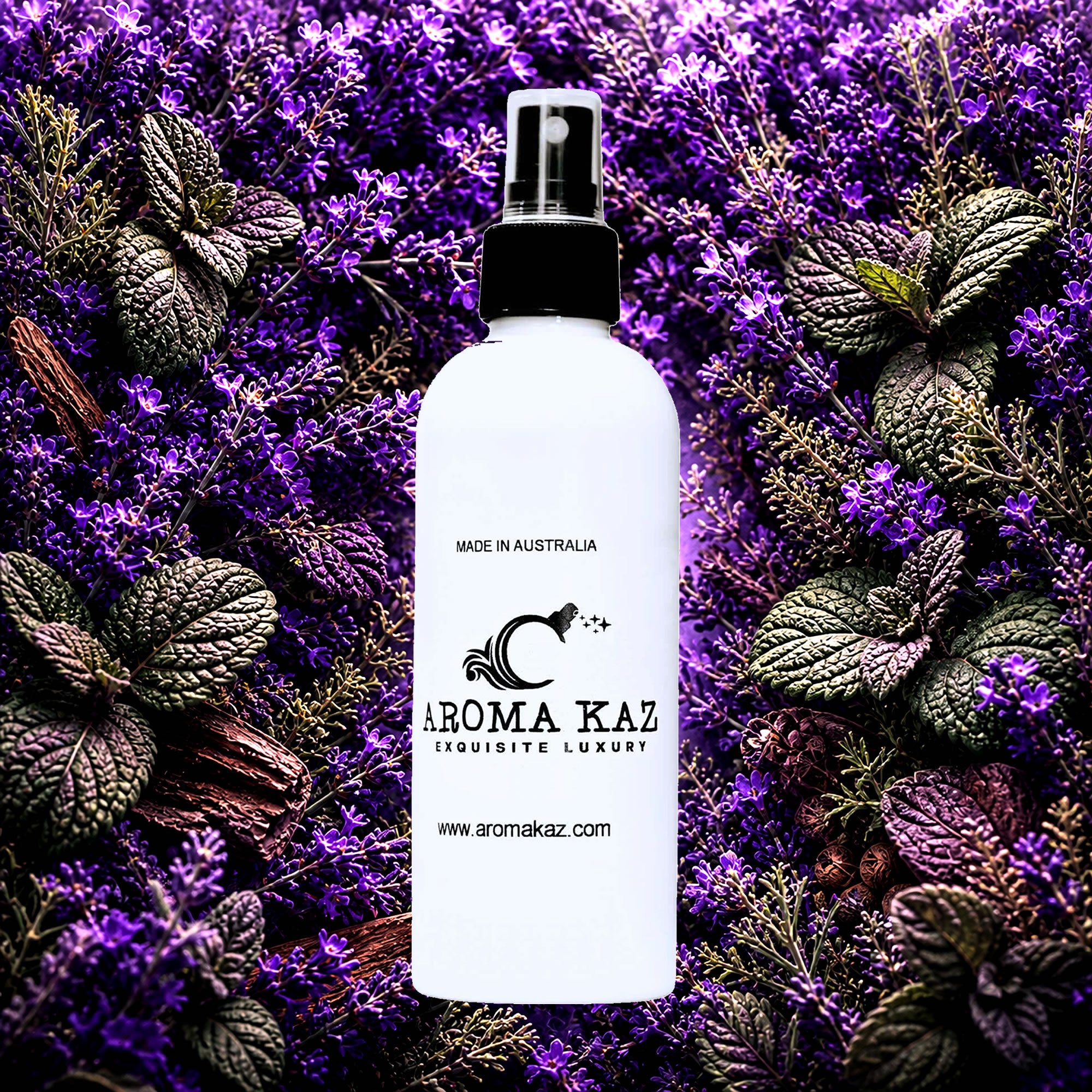 Patchouli & Lavender Room Linen Car Air Freshener Spray Deodoriser eco-friendly vegan, cruelty-free body fragrance featuring fresh floral lavender and earthy patchouli, made in Australia.