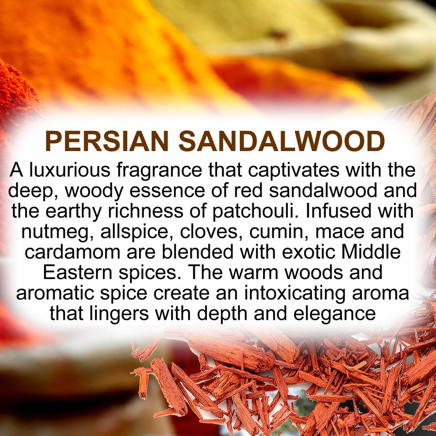 Persian Sandalwood fragrance oil for candle making, soap making and perfume blending – vegan, cruelty-free featuring deep warm sandalwood and exotic eastern spices, handmade in Australia.