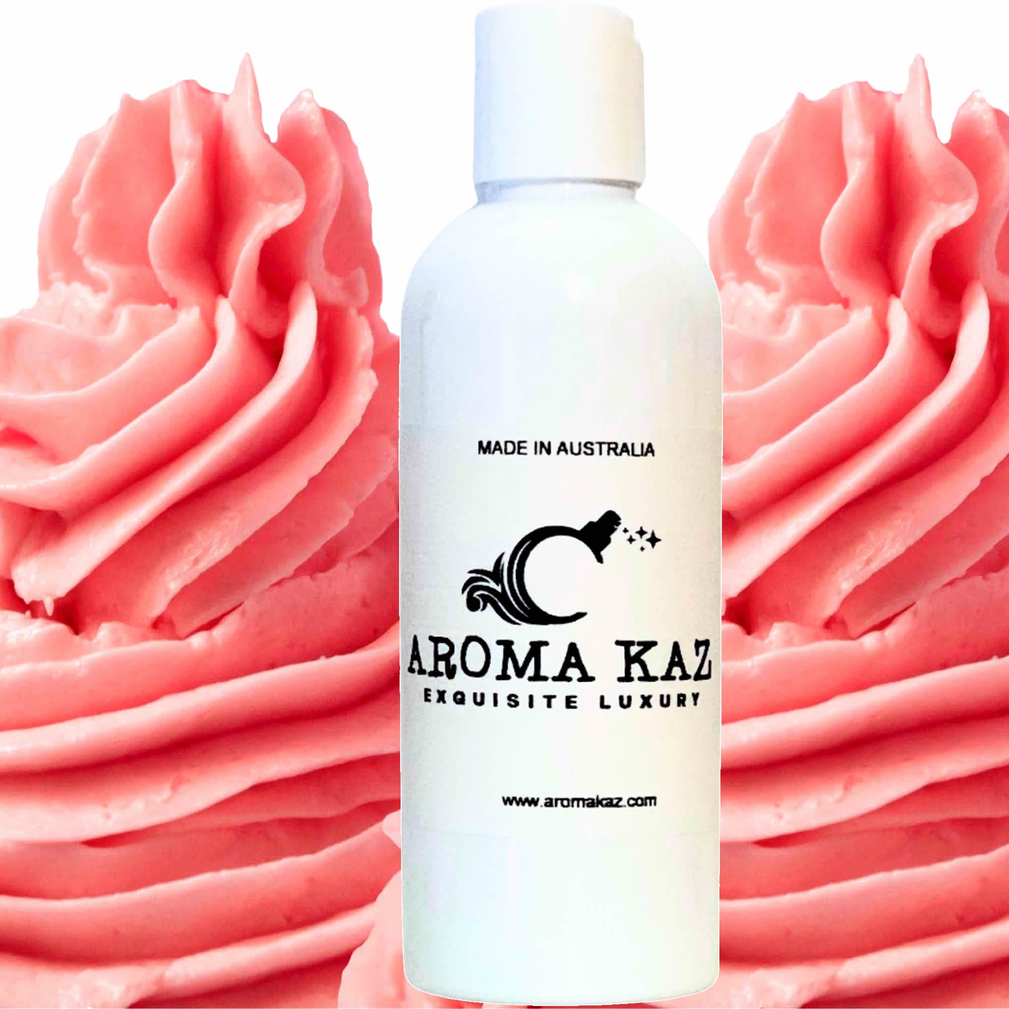 Pink Butter Icing Body Massage Oil – vegan, cruelty-free, plant-based hydrating oil with sweet pink vanilla frosting aroma, handmade in Australia.